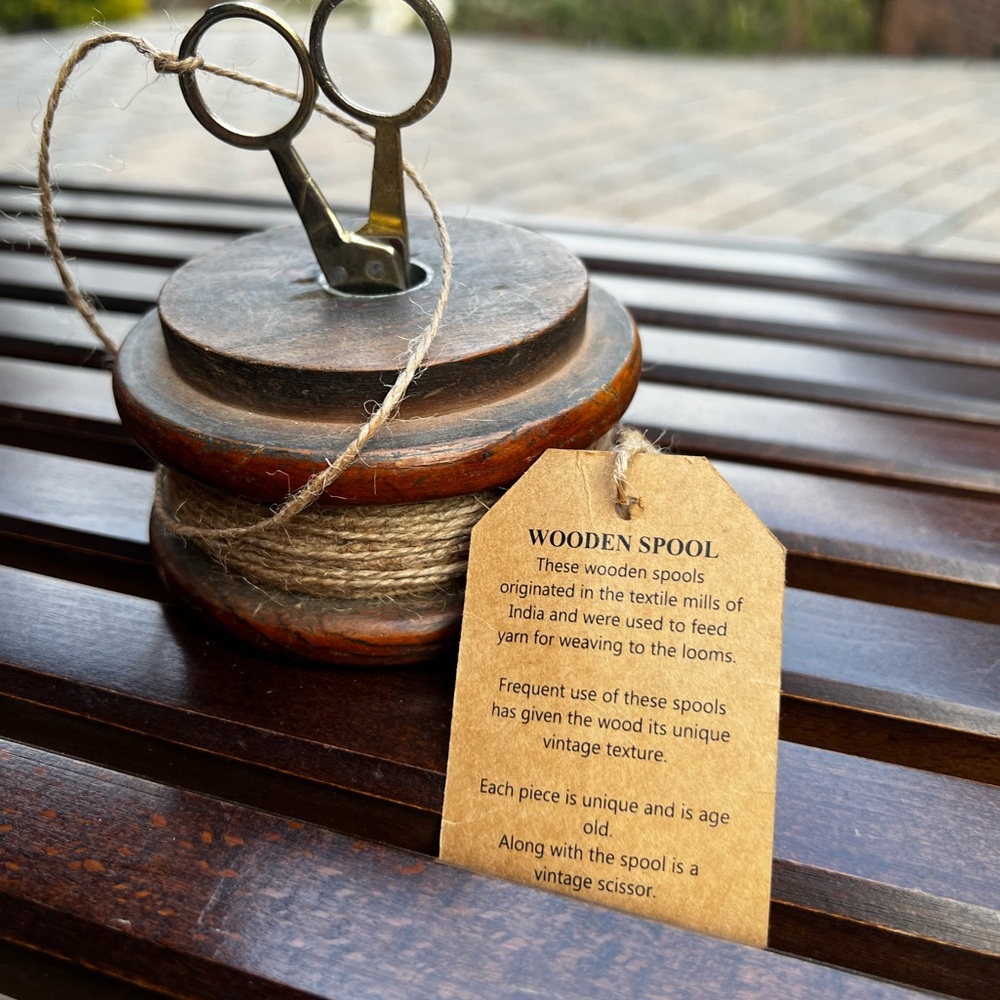 Vintage Wooden Spool with Twine and Scissors - Brown